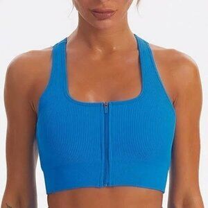 Boutique Blue Ribbed Racerback Zip Front Sports Bra S